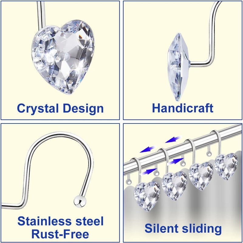 Yapicoco Shower Curtain Hooks Rings for Bathroom, 12PCS Heart Stainless Steel Rust Resistant Decorative Rhinestones Shower Curtain Rings Hangers for Shower Curtains (Single Hook Clear) - Image 4